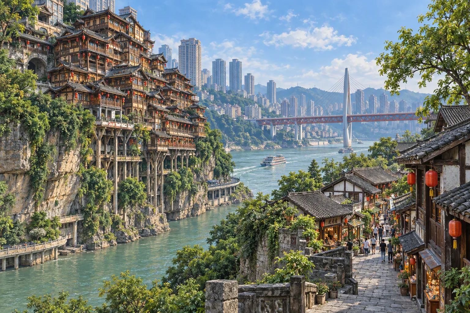 Chongqing riverside skyline and old wharf town